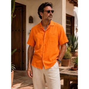 UZI NYC Mezcal Mens XL Orange Linen Blend Short Sleeve Camp Collar Button